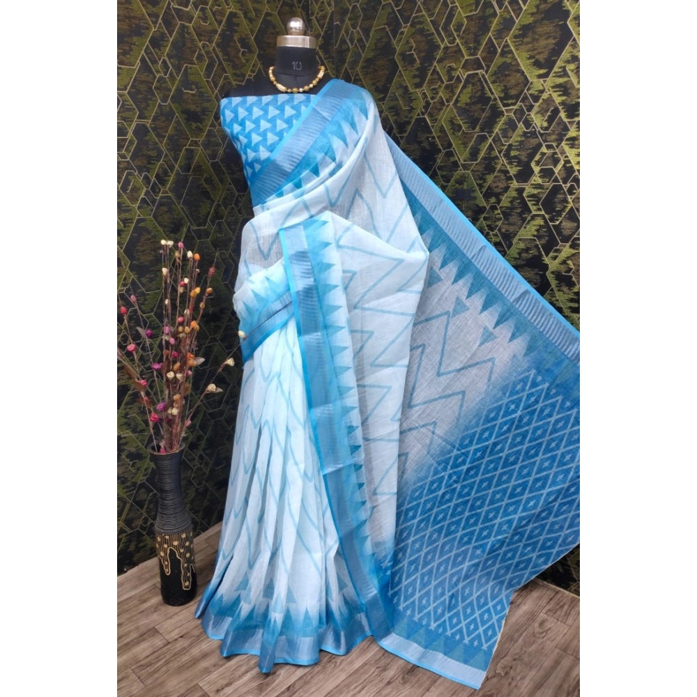 Amfyn Women's Cotton Linen Woven Design Saree With Unstitched Blouse 5.5Mtr (Sky Blue)