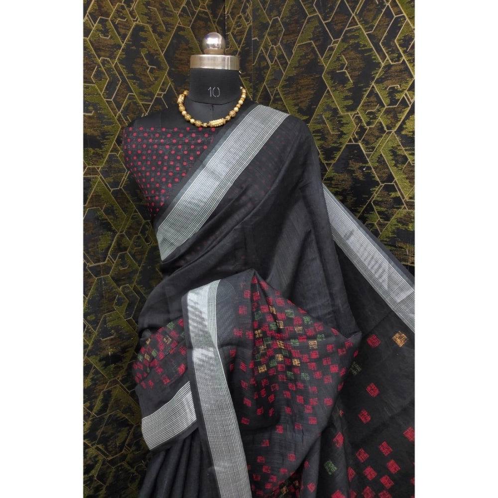 Amfyn Women's Cotton Linen Digital Print Saree With Unstitched Blouse 5.5Mtr (Black)