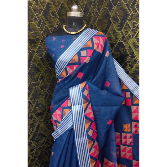 Amfyn Women's Cotton Linen Digital Print Saree With Unstitched Blouse 5.5Mtr (Blue)