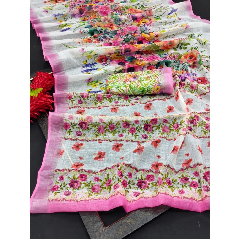 Amfyn Women's Cotton Linen Printed Saree With Unstitched Blouse 5.5Mtr (Pink)