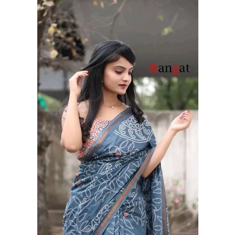 Amfyn Women's Cotton Linen Printed Saree With Unstitched Blouse 5.5Mtr (Grey)