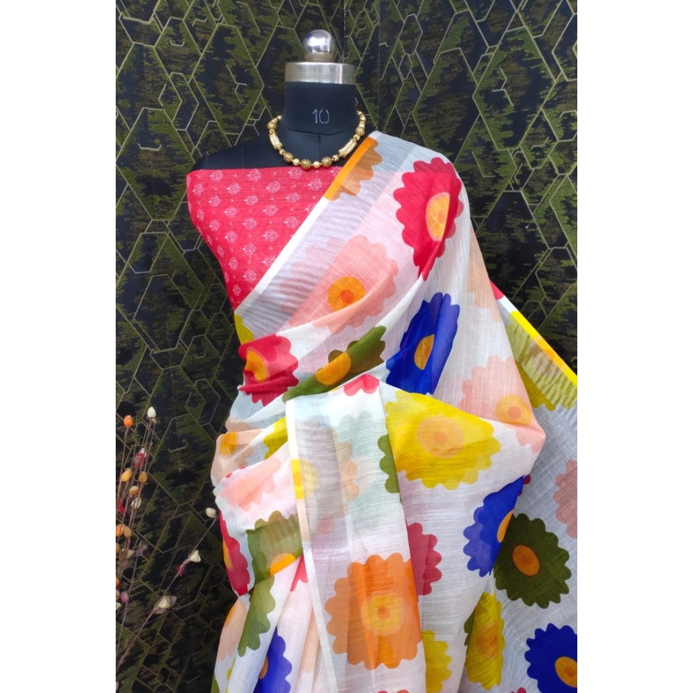 Amfyn Women's Cotton Linen Woven Design Saree With Unstitched Blouse 5.5Mtr (Red)