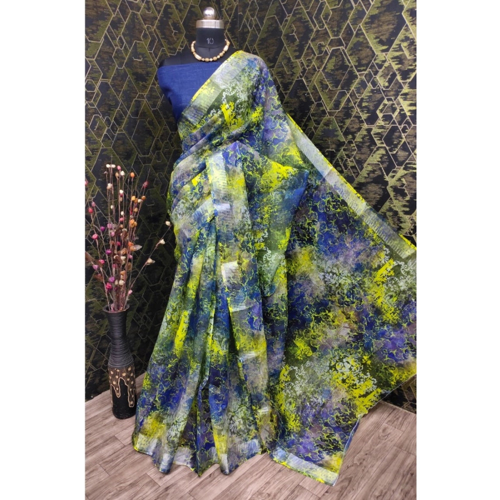 Amfyn Women's Cotton Linen Woven Design Saree With Unstitched Blouse 5.5Mtr (Blue)