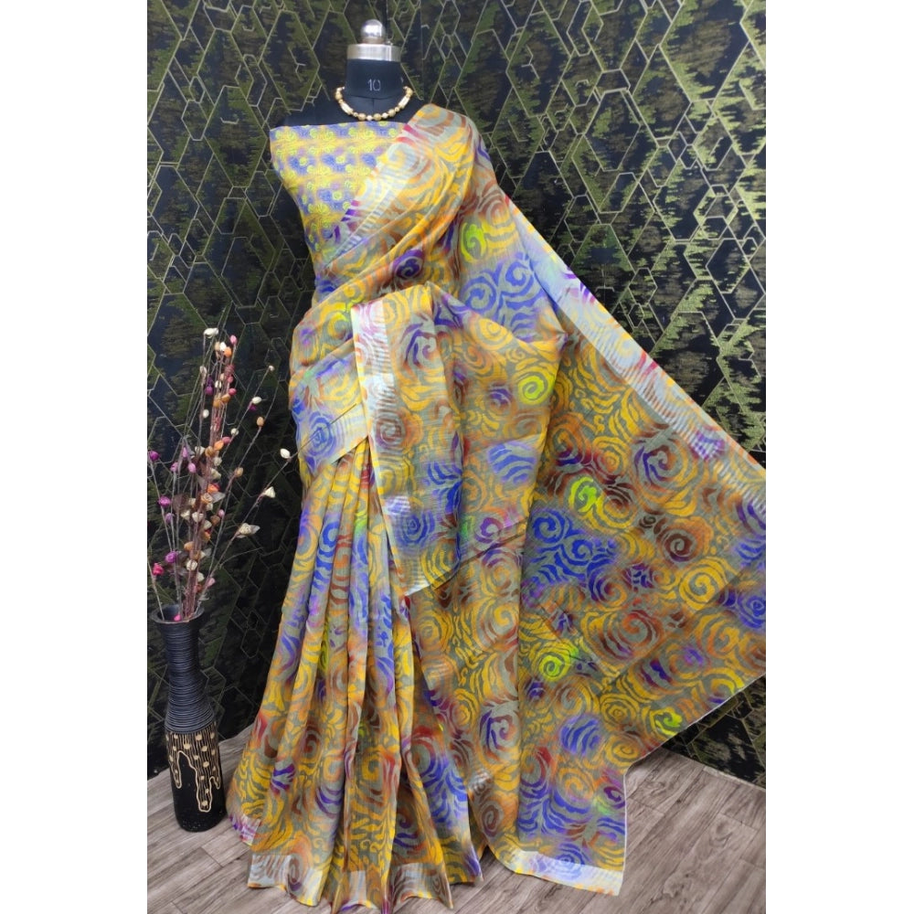 Amfyn Women's Cotton Linen Woven Design Saree With Unstitched Blouse 5.5Mtr (Yellow)
