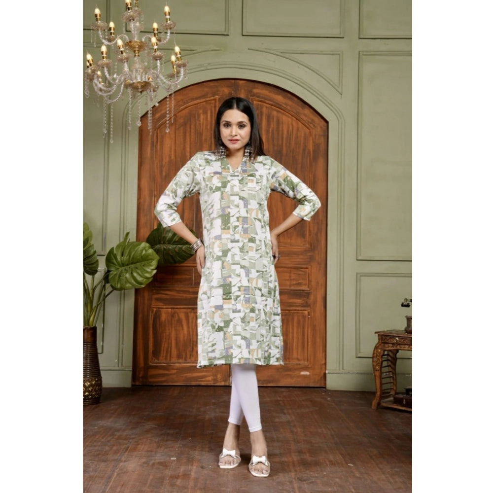 Amfyn Women's Cotton Blended Printed 3/4th Sleeve Collar Neck Kurti (Green)