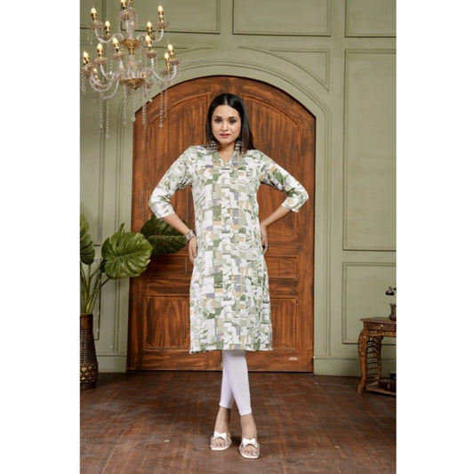 Amfyn Women's Cotton Blended Printed 3/4th Sleeve Collar Neck Kurti (Green)