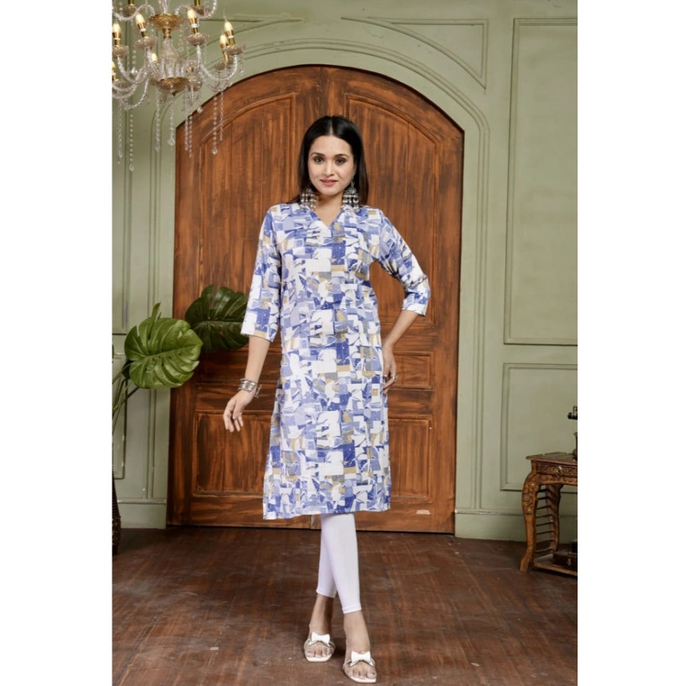 Amfyn Women's Cotton Blended Printed 3/4th Sleeve Collar Neck Kurti (Blue)
