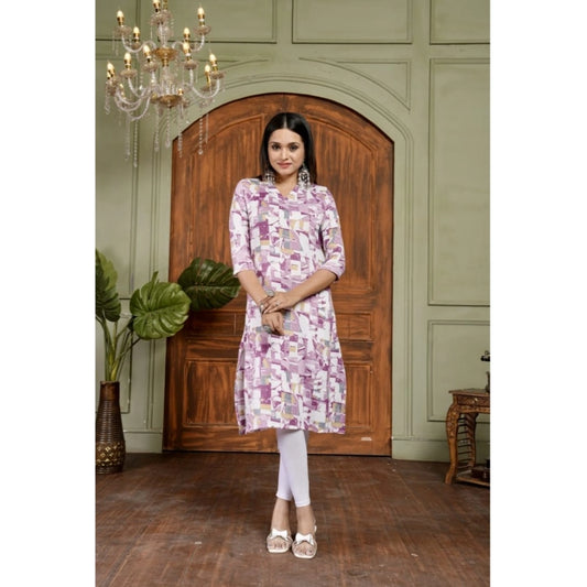 Amfyn Women's Cotton Blended Printed 3/4th Sleeve Collar Neck Kurti (Purple)
