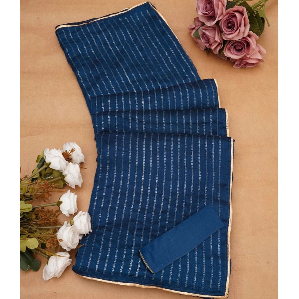 Amfyn Women's Vichitra Silk Striped Saree With Unstitched Blouse 5.5Mtr (Blue)