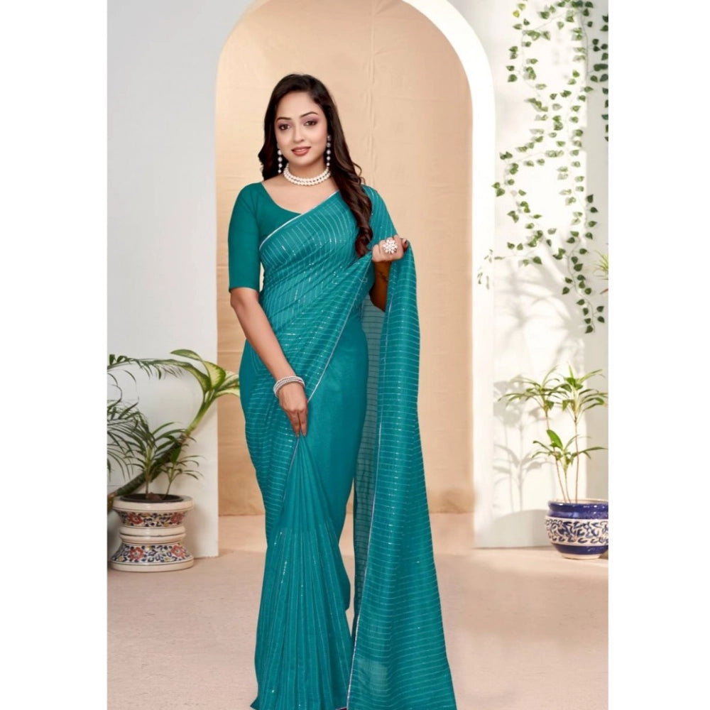 Amfyn Women's Vichitra Silk Striped Saree With Unstitched Blouse 5.5Mtr (Sky Blue)