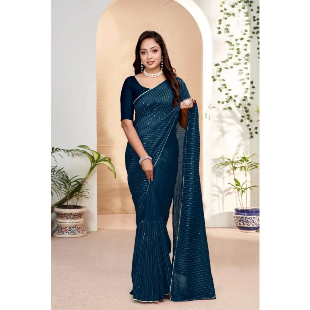 Amfyn Women's Vichitra Silk Striped Saree With Unstitched Blouse 5.5Mtr (Blue)