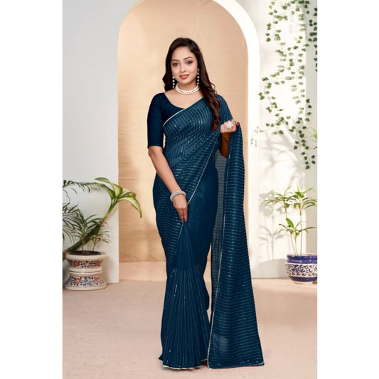 Amfyn Women's Vichitra Silk Striped Saree With Unstitched Blouse 5.5Mtr (Blue)