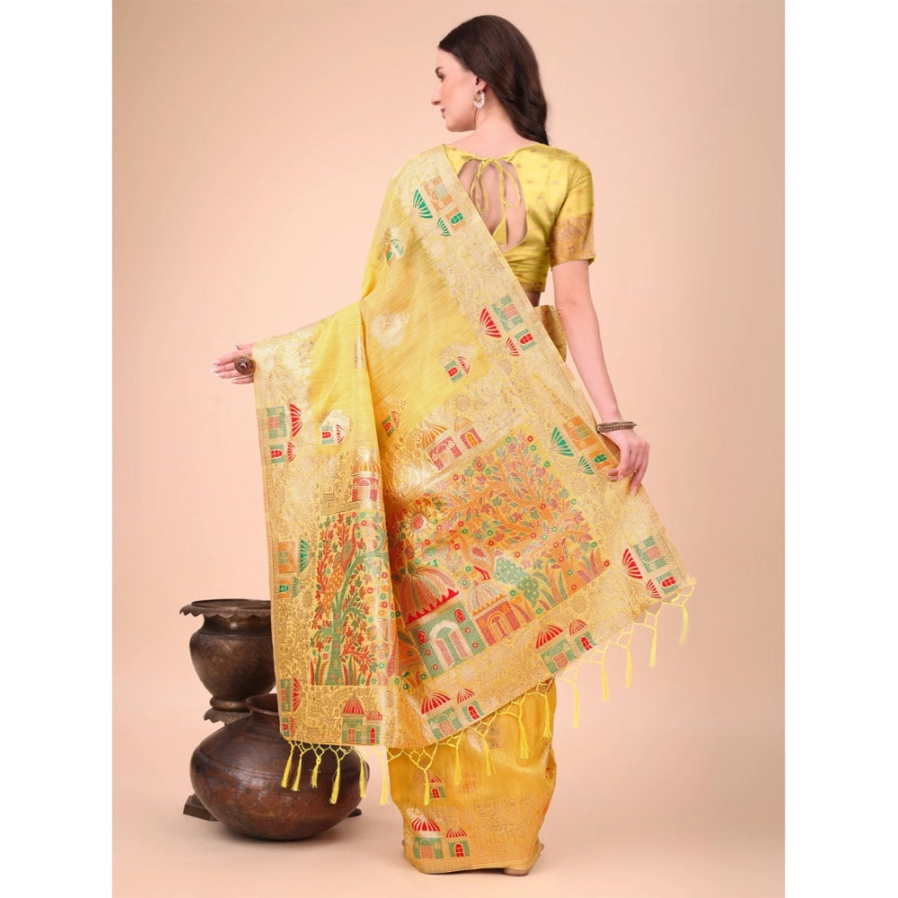 Amfyn Women's Linen Cotton Printed Saree With Unstitched Blouse 5.5Mtr (Yellow)