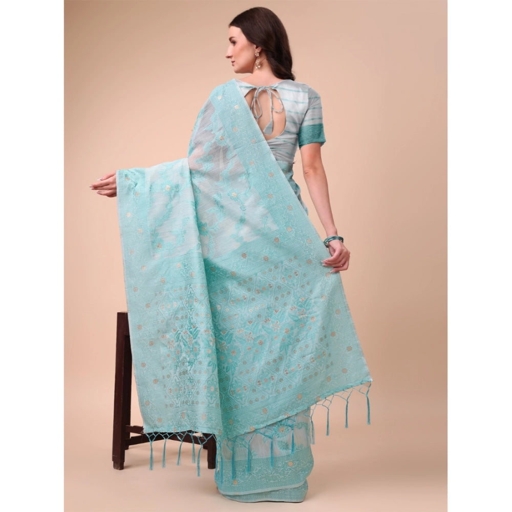 Amfyn Women's Cotton Printed Saree With Unstitched Blouse 5.5Mtr (Sky Blue)