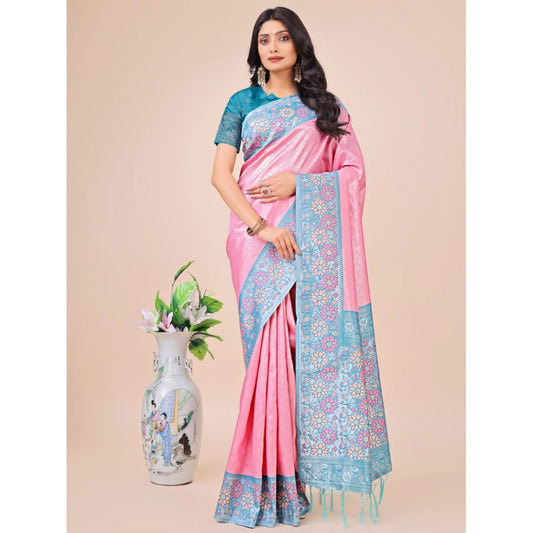 Amfyn Women's Lichi Silk Printed Saree With Unstitched Blouse 5.5Mtr (Pink)