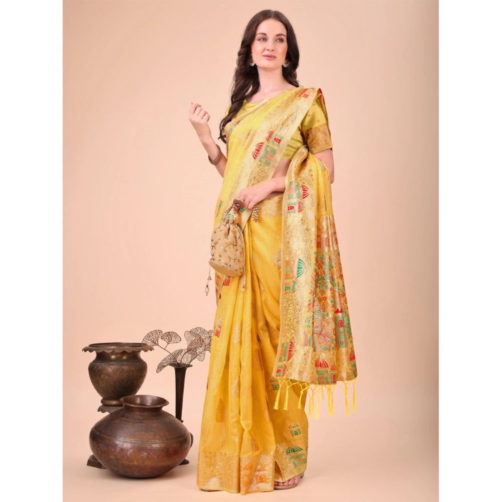Amfyn Women's Linen Cotton Printed Saree With Unstitched Blouse 5.5Mtr (Yellow)