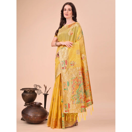 Amfyn Women's Linen Cotton Printed Saree With Unstitched Blouse 5.5Mtr (Yellow)