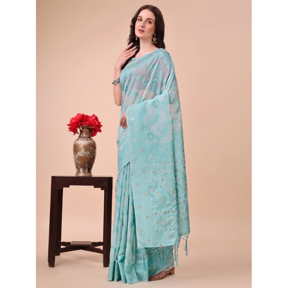 Amfyn Women's Cotton Printed Saree With Unstitched Blouse 5.5Mtr (Sky Blue)