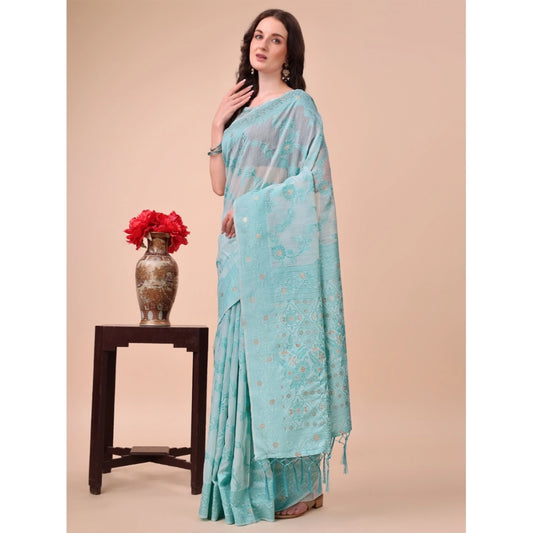 Amfyn Women's Cotton Printed Saree With Unstitched Blouse 5.5Mtr (Sky Blue)
