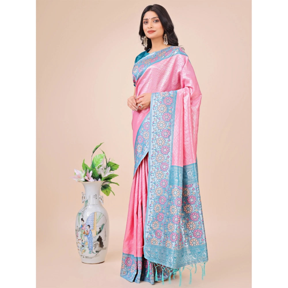 Amfyn Women's Lichi Silk Printed Saree With Unstitched Blouse 5.5Mtr (Pink)
