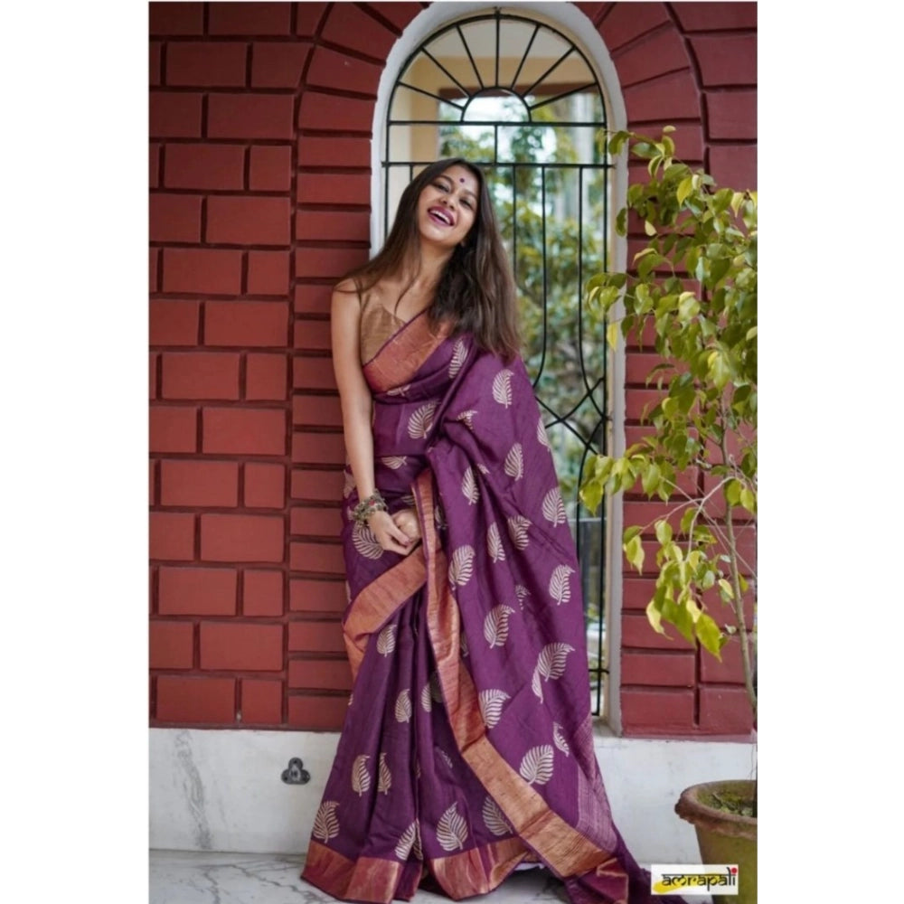 Amfyn Women's Silk Printed Saree With Unstitched Blouse 5.5Mtr (Purple)