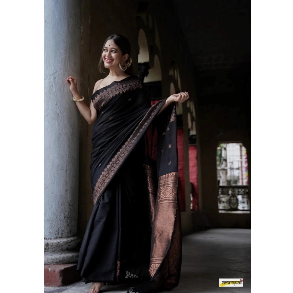 Amfyn Women's Silk Printed Saree With Unstitched Blouse 5.5Mtr (Black)