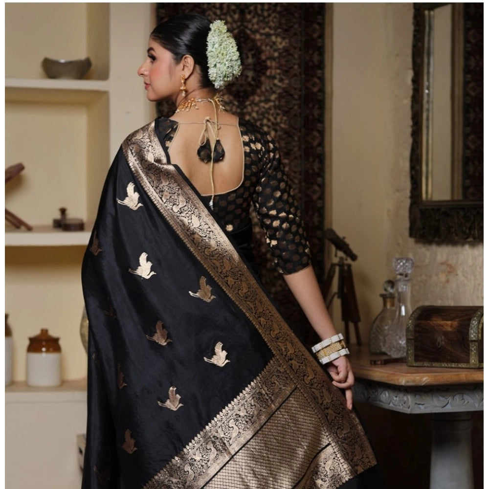 Amfyn Women's Silk Printed Saree With Unstitched Blouse 5.5Mtr (Black)
