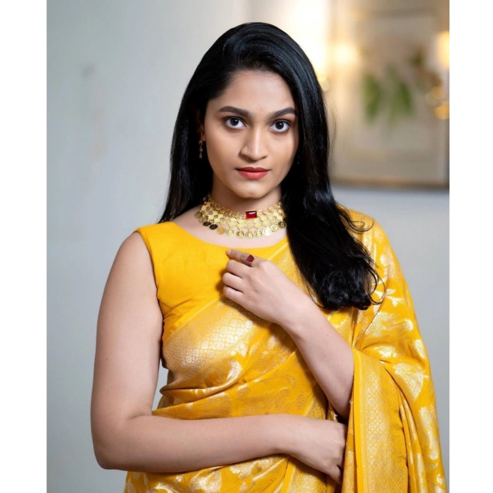Amfyn Women's Silk Printed Saree With Unstitched Blouse 5.5Mtr (Yellow)