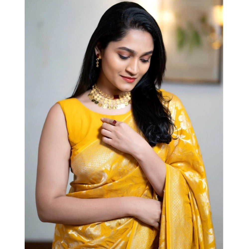 Amfyn Women's Silk Printed Saree With Unstitched Blouse 5.5Mtr (Yellow)