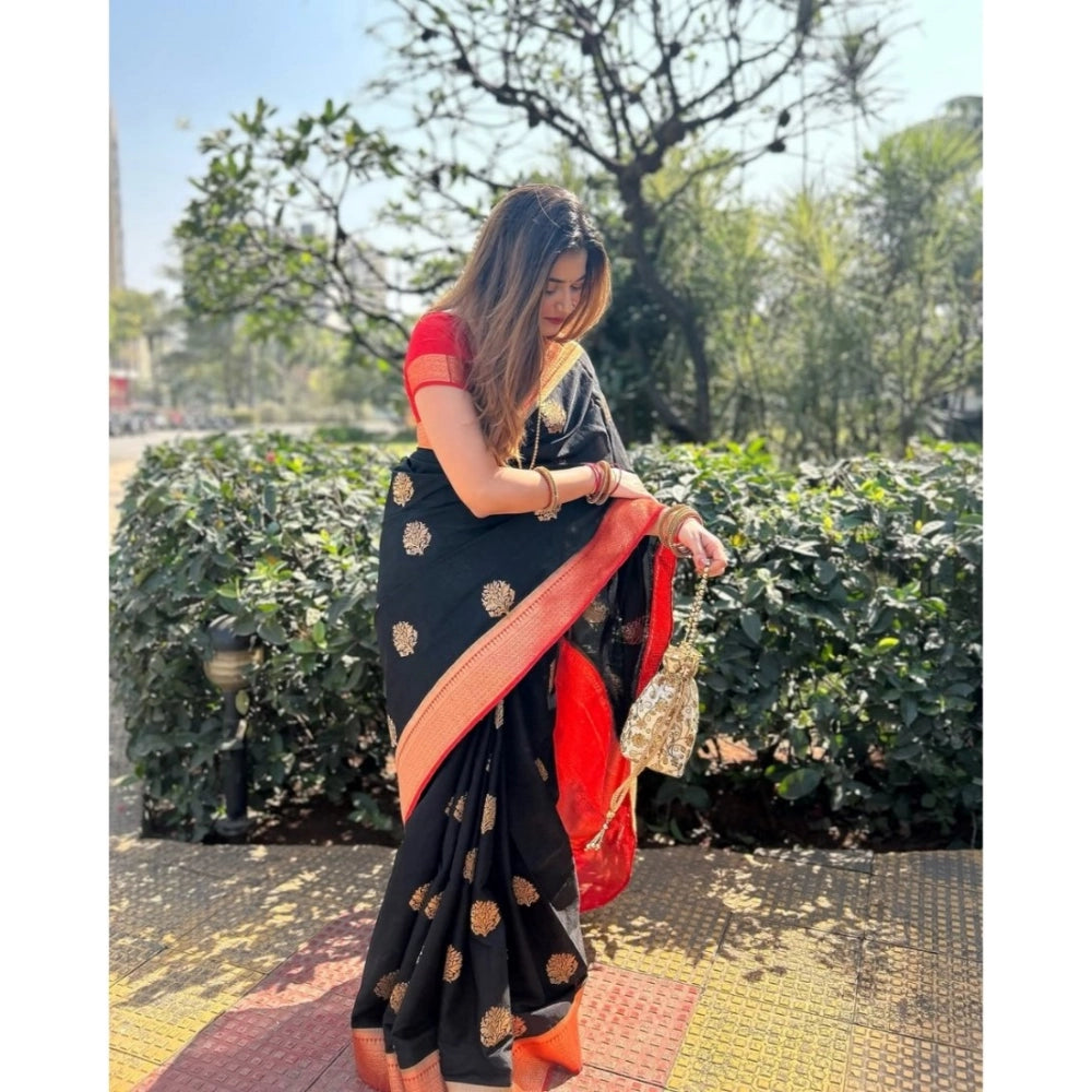 Amfyn Women's Silk Printed Saree With Unstitched Blouse 5.5Mtr (Black-Red)