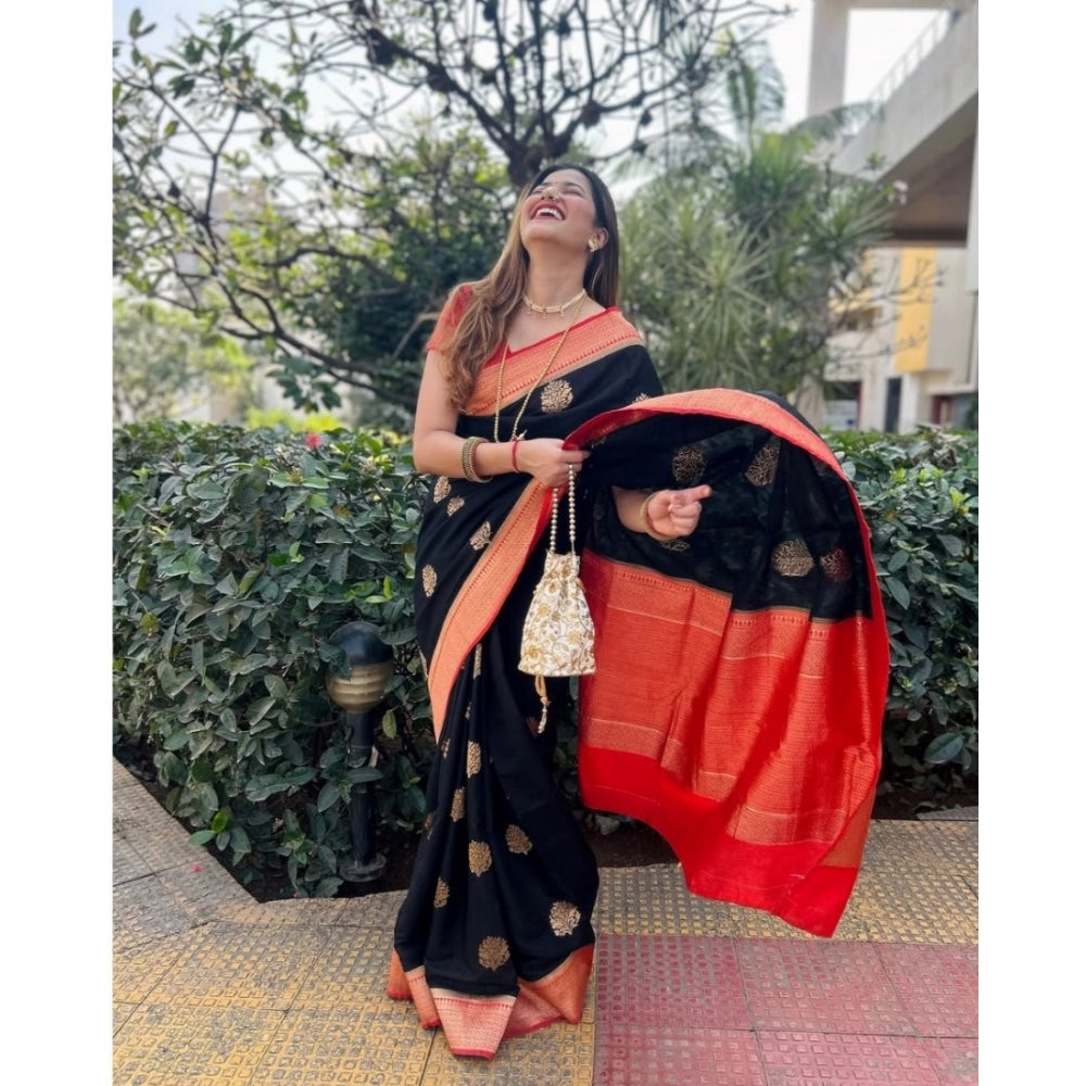 Amfyn Women's Silk Printed Saree With Unstitched Blouse 5.5Mtr (Black-Red)