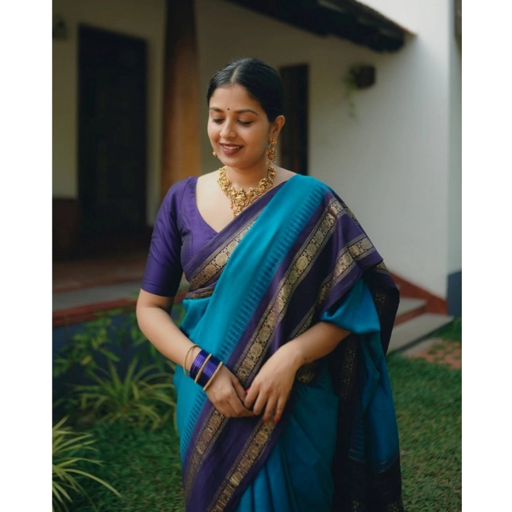 Amfyn Women's Silk Printed Saree With Unstitched Blouse 5.5Mtr (Blue)