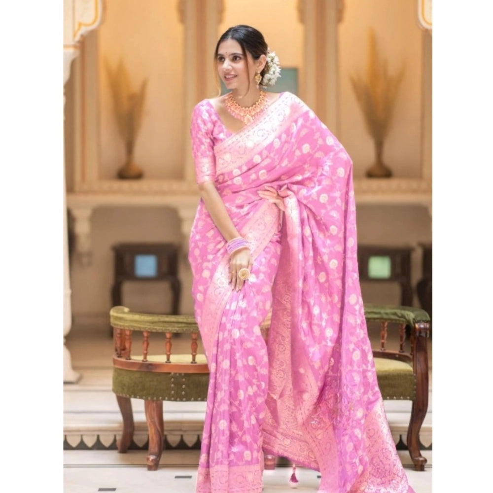 Amfyn Women's Silk Printed Saree With Unstitched Blouse 5.5Mtr (Pink)