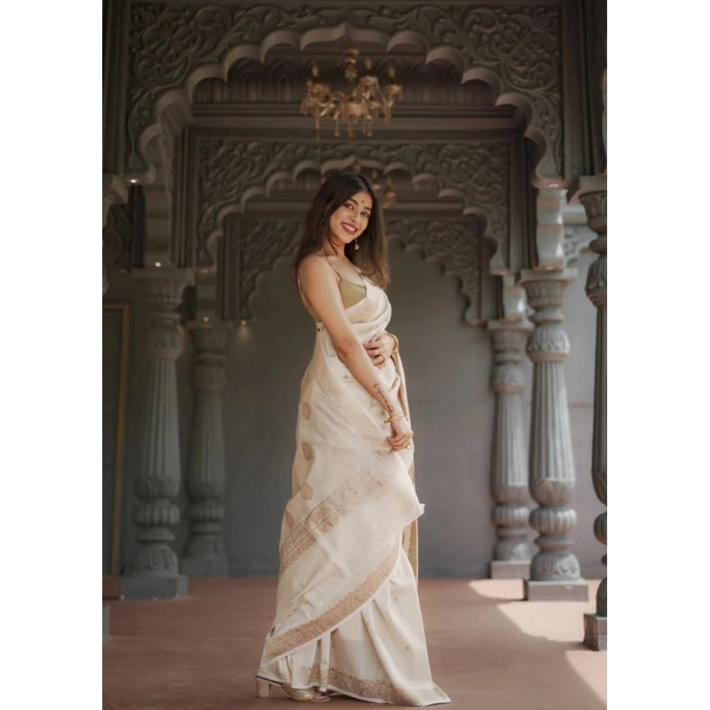 Amfyn Women's Cotton  Printed Saree With Unstitched Blouse 5.5Mtr (Cream)