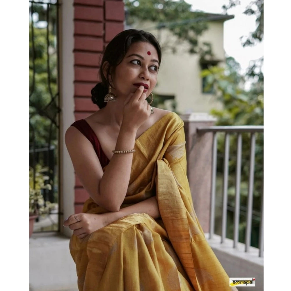 Amfyn Women's Silk Printed Saree With Unstitched Blouse 5.5Mtr (Yellow)