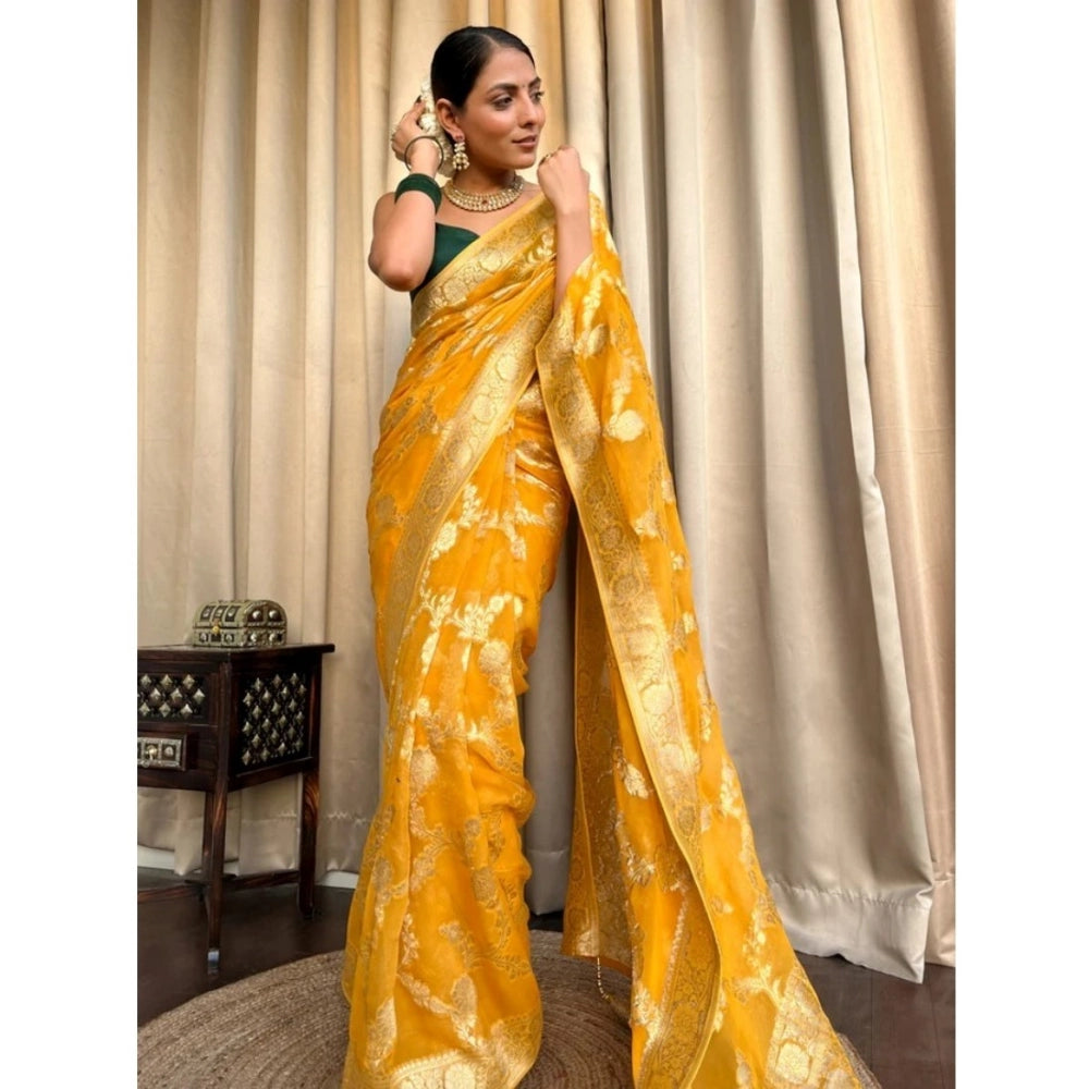 Amfyn Women's Silk Printed Saree With Unstitched Blouse 5.5Mtr (Gold Yellow)