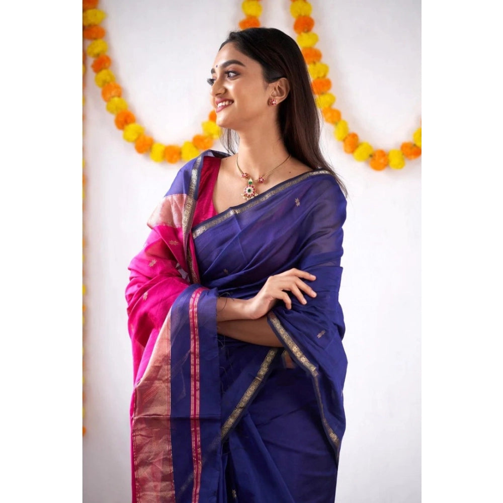Amfyn Women's Cotton  Printed Saree With Unstitched Blouse 5.5Mtr (Blue)