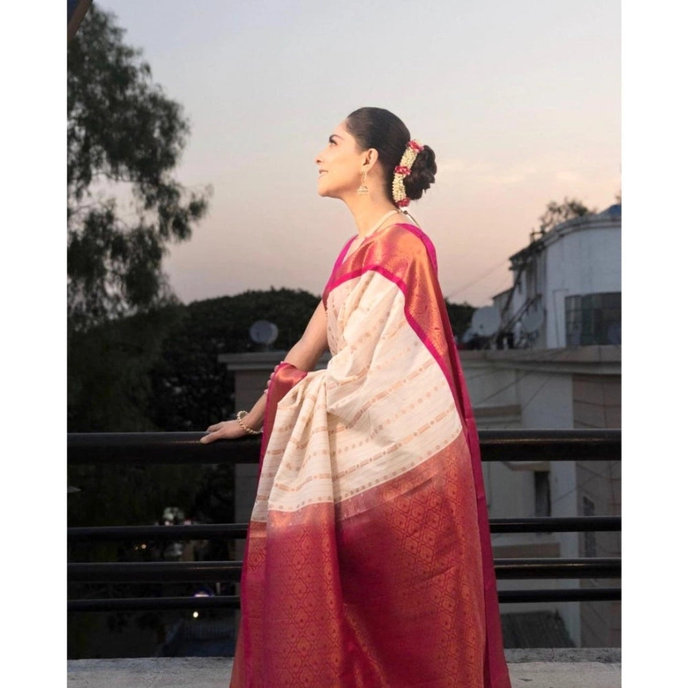 Amfyn Women's Silk Printed Saree With Unstitched Blouse 5.5Mtr (White-Pink)