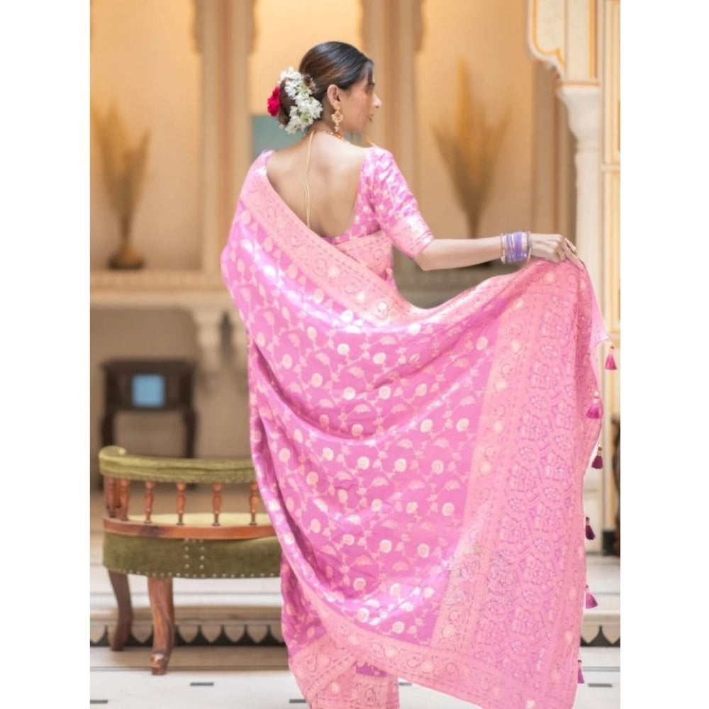 Amfyn Women's Silk Printed Saree With Unstitched Blouse 5.5Mtr (Pink)