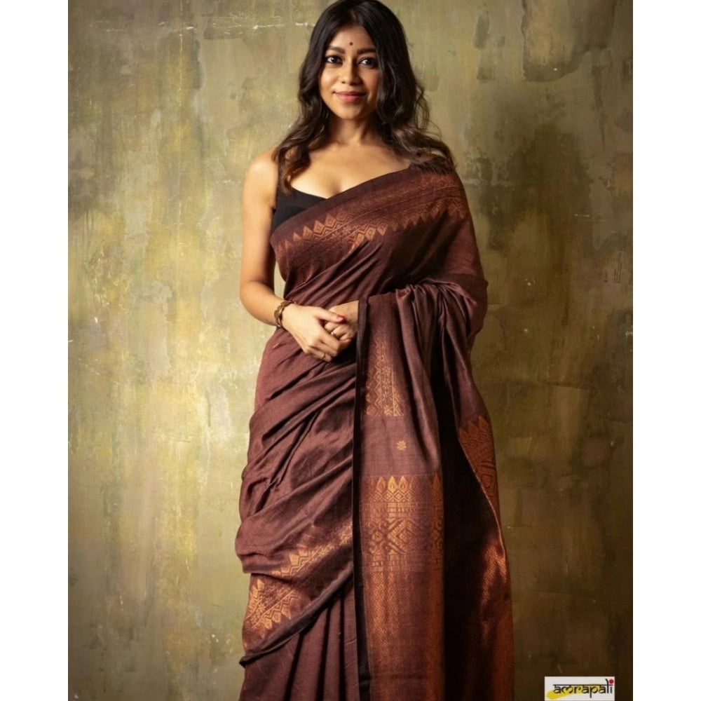 Amfyn Women's Silk Printed Saree With Unstitched Blouse 5.5Mtr (Coffee)