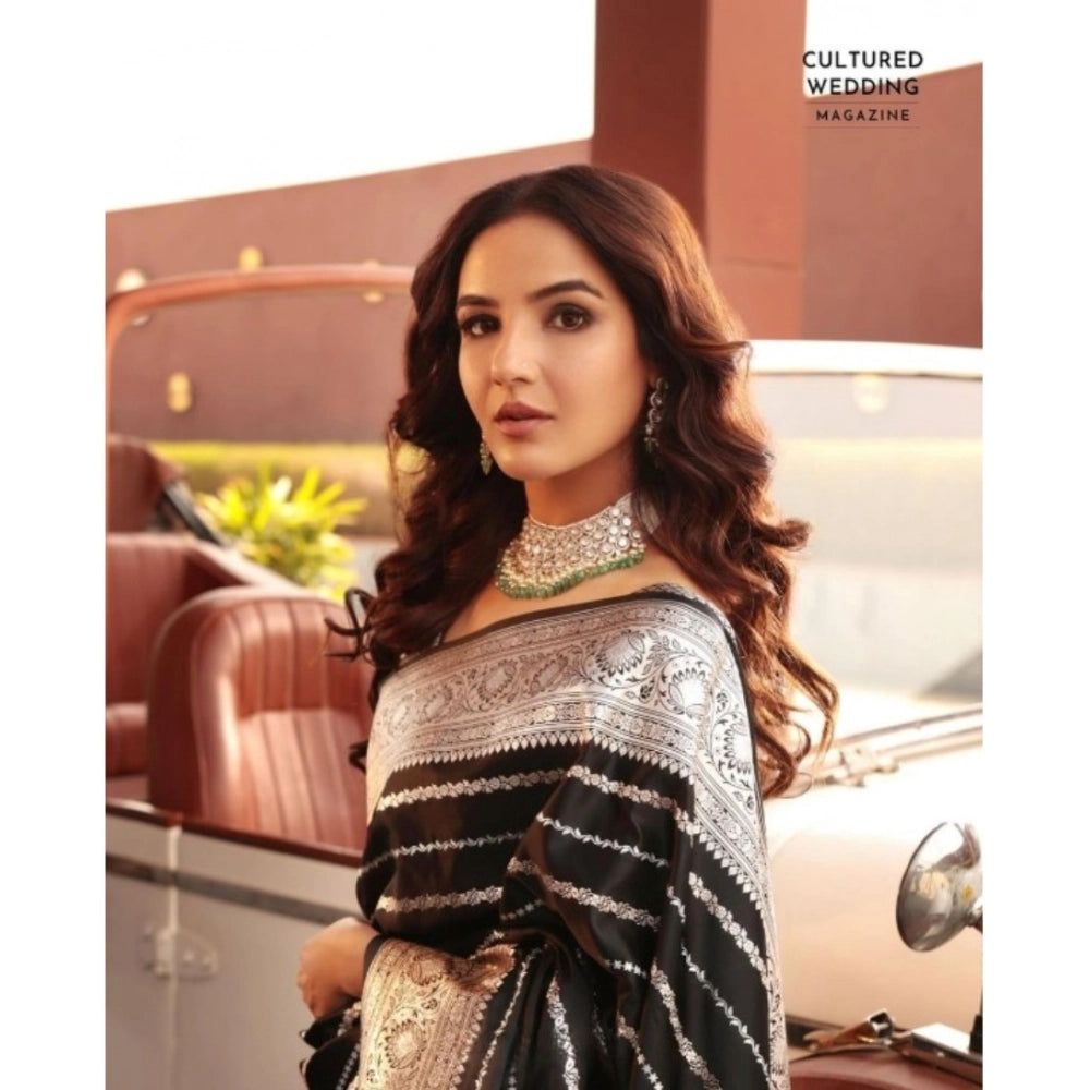 Amfyn Women's Silk Printed Saree With Unstitched Blouse 5.5Mtr (Black)