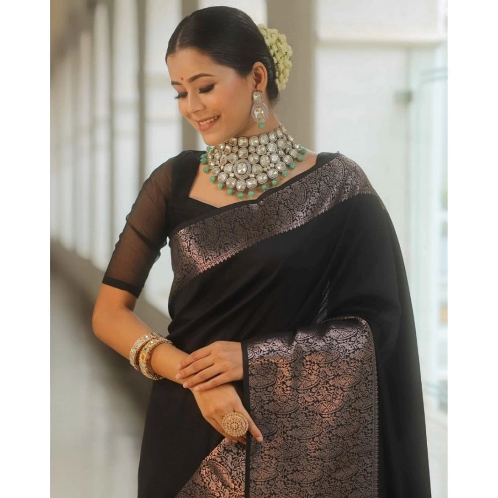 Amfyn Women's Silk Printed Saree With Unstitched Blouse 5.5Mtr (Black)