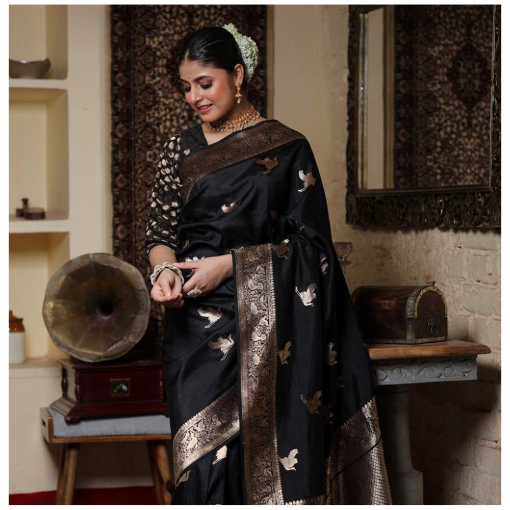 Amfyn Women's Silk Printed Saree With Unstitched Blouse 5.5Mtr (Black)