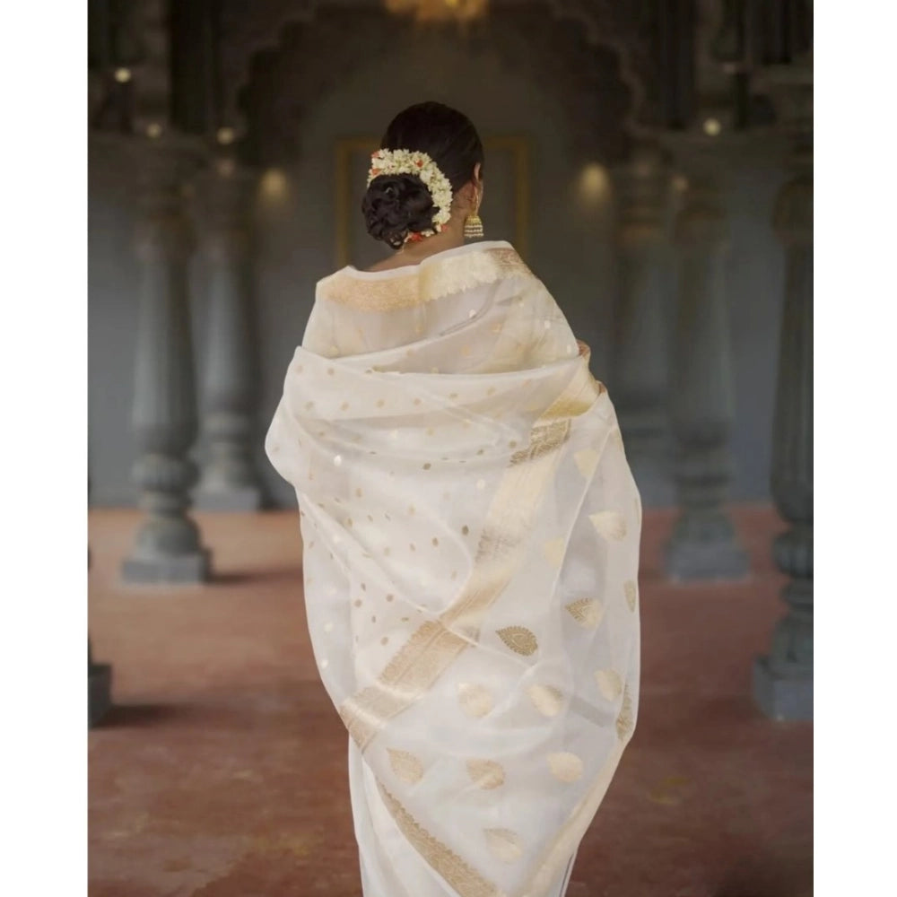 Amfyn Women's Cotton  Printed Saree With Unstitched Blouse 5.5Mtr (White)