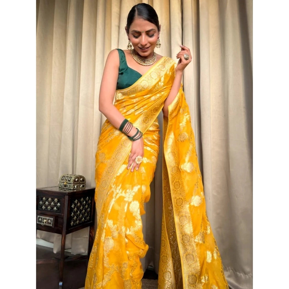 Amfyn Women's Silk Printed Saree With Unstitched Blouse 5.5Mtr (Gold Yellow)
