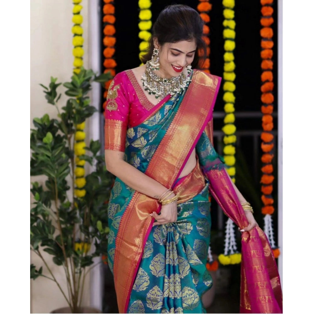 Amfyn Women's Silk Printed Saree With Unstitched Blouse 5.5Mtr (Teal Blue)