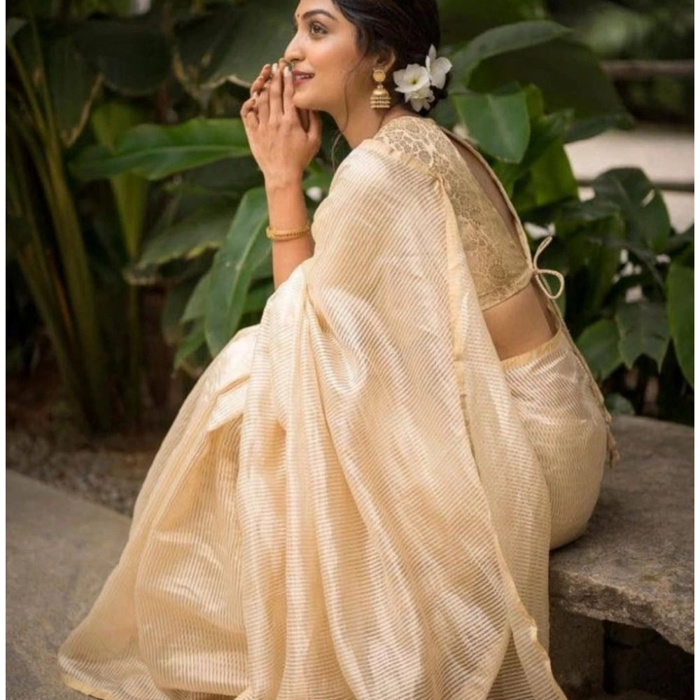 Amfyn Women's Silk Printed Saree With Unstitched Blouse 5.5Mtr (Off White)