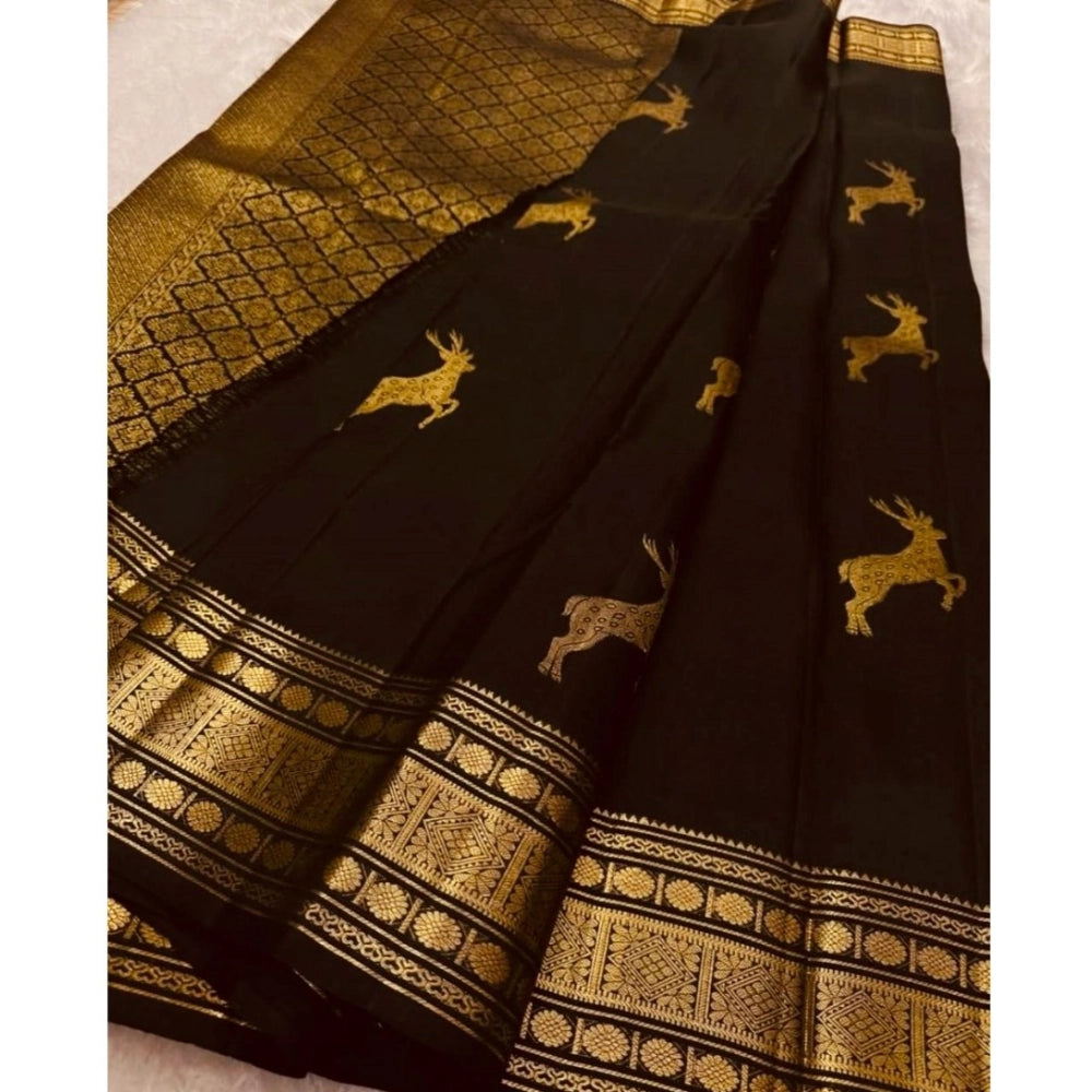 Amfyn Women's Silk Printed Saree With Unstitched Blouse 5.5Mtr (Black)