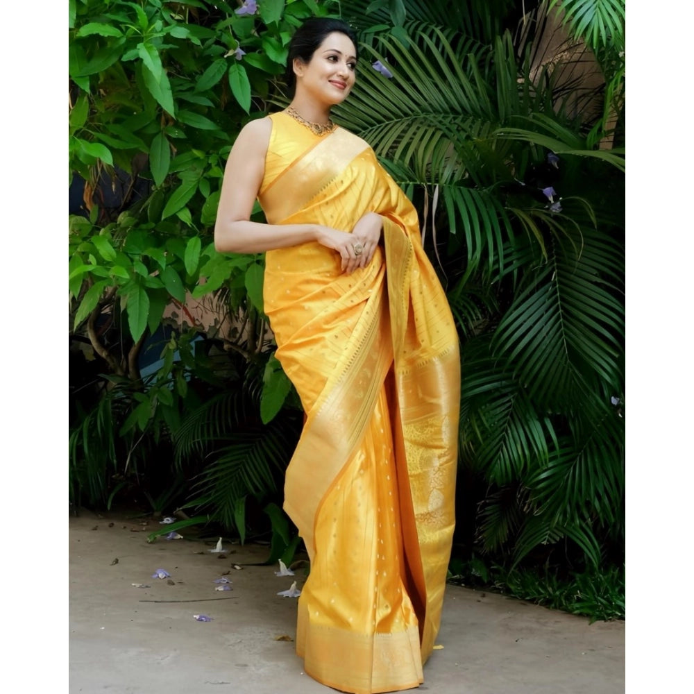 Amfyn Women's Silk Printed Saree With Unstitched Blouse 5.5Mtr (Yellow)