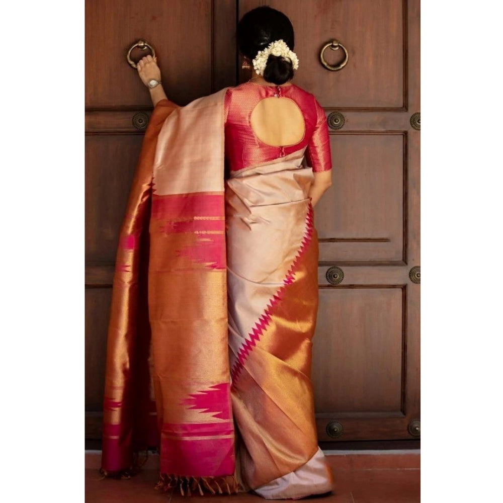 Amfyn Women's Silk Printed Saree With Unstitched Blouse 5.5Mtr (Cream)